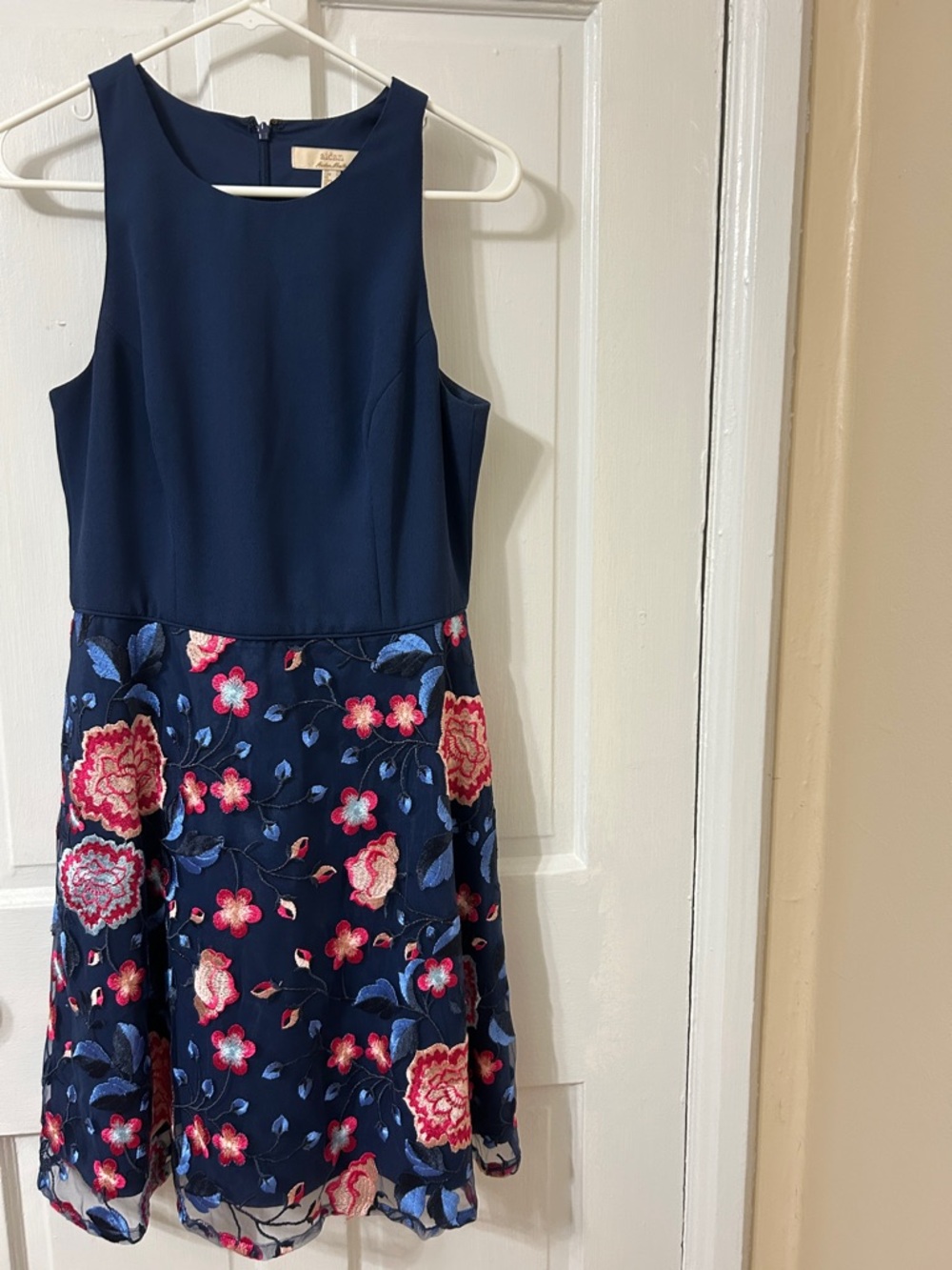 Aidan by Aidan Mattox Navy Dress with Pink & Blue Floral Skirt